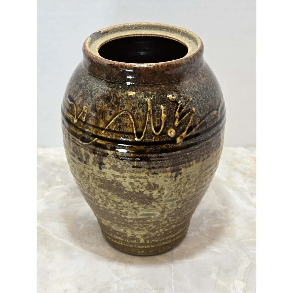 Studio Pottery Art Vase GUC Signed Brown Green Drip Glaze Rustic Boho 🍂 - Picture 1 of 8